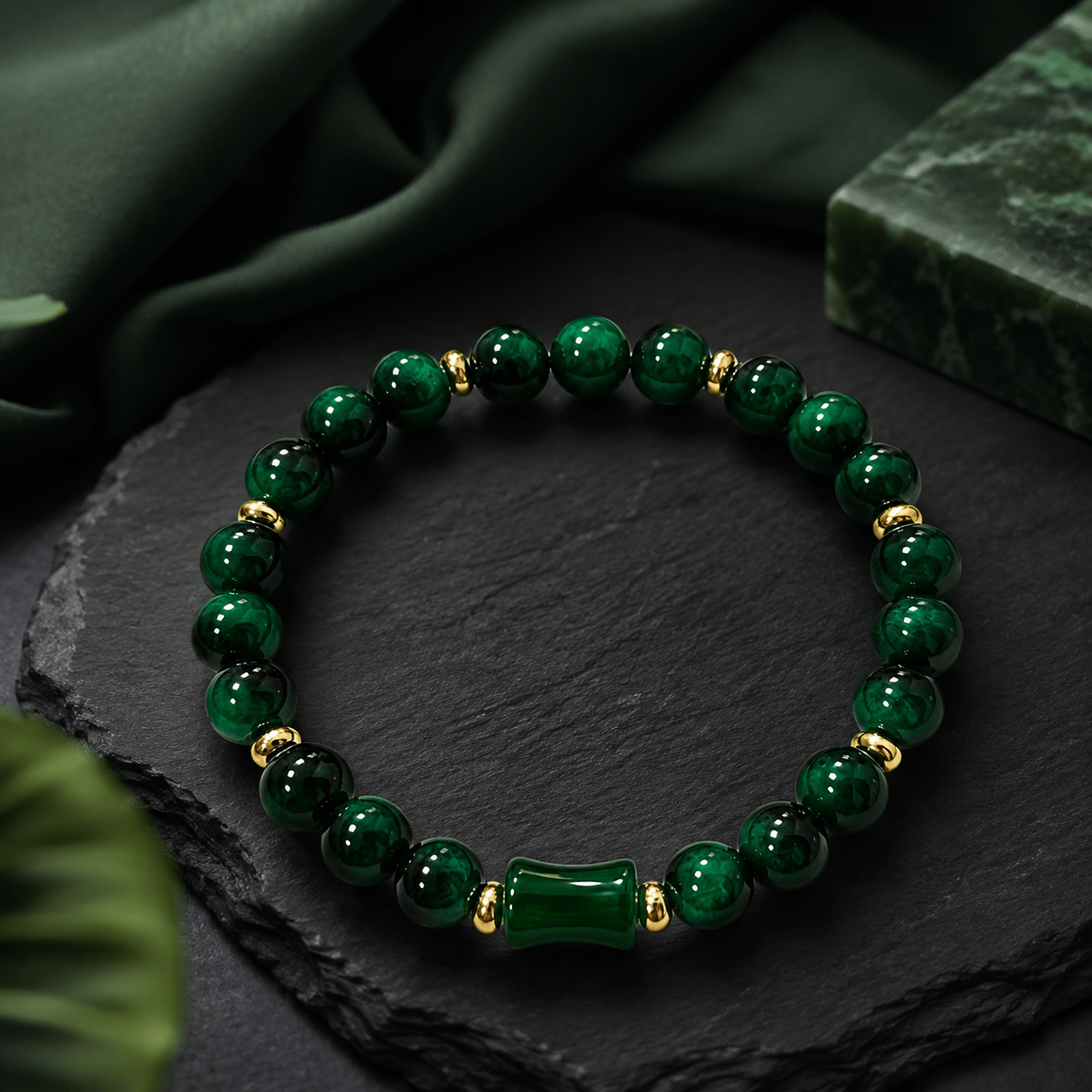 Unisex Dark Green Bamboo Bead Bracelet